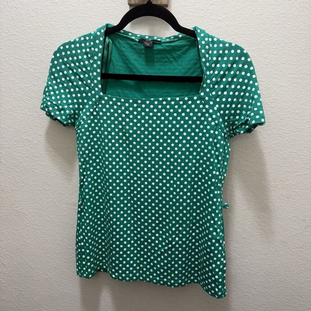 Green Polka Dot Square Neck Cap Sleeve Flirty Blouse Size M